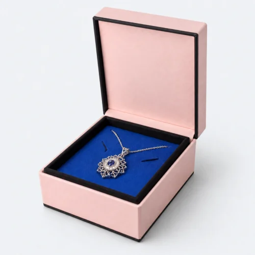 Custom Pink and Blue Cardboard Flip Top Necklace Box - open product presentation