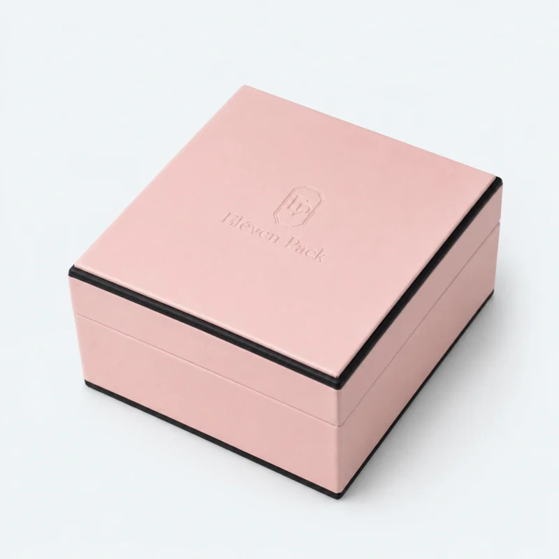 Custom Pink and Blue Cardboard Flip Top Necklace Box - closed product view Custom Pink and Blue Cardboard Flip Top Necklace Box - closed product view
