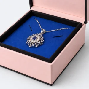 Custom Pink and Blue Cardboard Flip Top Necklace Box - fitted jewelry insert detail Custom Pink and Blue Cardboard Flip Top Necklace Box - fitted jewelry insert detail