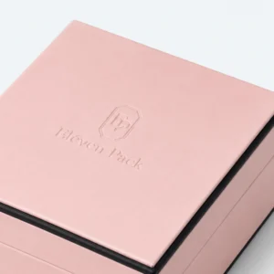 Custom Pink and Blue Cardboard Flip Top Necklace Box - logo finish detail Custom Pink and Blue Cardboard Flip Top Necklace Box - logo finish detail