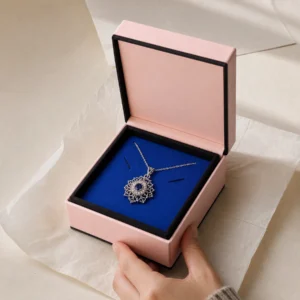 Custom Pink and Blue Cardboard Flip Top Necklace Box - jewelry presentation scene Custom Pink and Blue Cardboard Flip Top Necklace Box - jewelry presentation scene