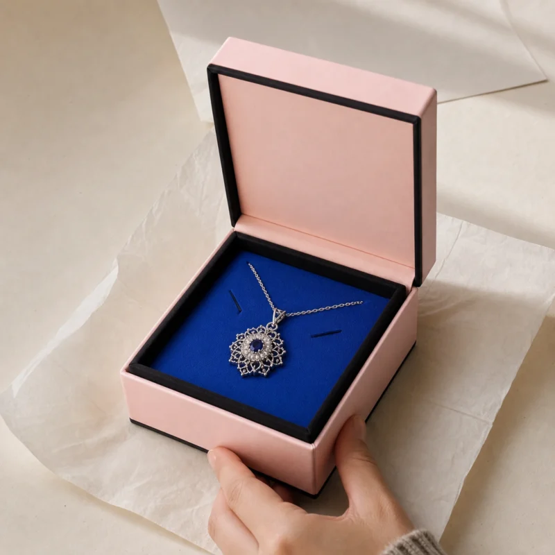 Custom Pink and Blue Cardboard Flip Top Necklace Box - jewelry presentation scene Custom Pink and Blue Cardboard Flip Top Necklace Box - jewelry presentation scene