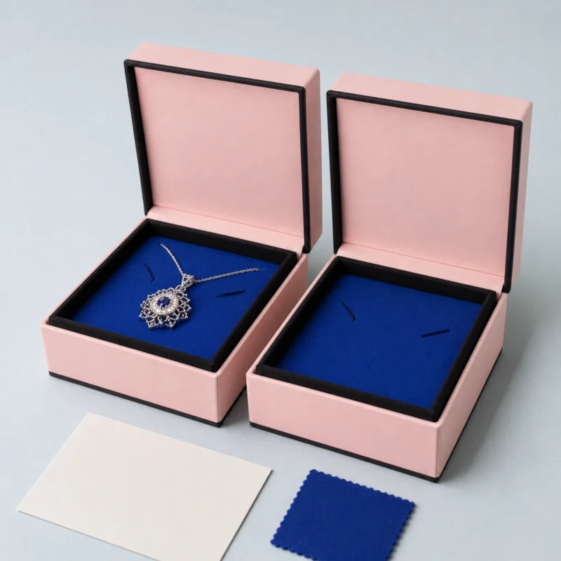 Custom Pink and Blue Cardboard Flip Top Necklace Box - coordinated packaging set Custom Pink and Blue Cardboard Flip Top Necklace Box - coordinated packaging set