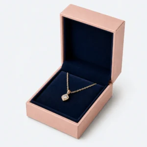 Custom Peach and Navy Cardboard Flip Top Necklace Box - open product presentation