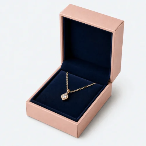 Custom Peach and Navy Cardboard Flip Top Necklace Box - open product presentation