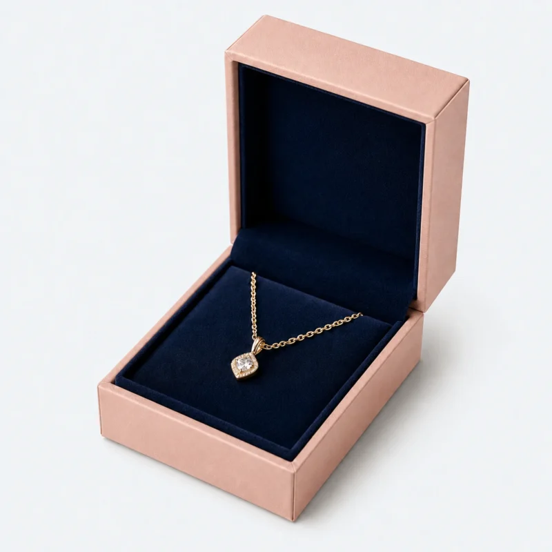 Custom Peach and Navy Cardboard Flip Top Necklace Box - open product presentation