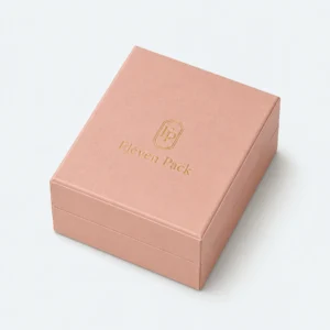 Custom Peach and Navy Cardboard Flip Top Necklace Box - closed product view