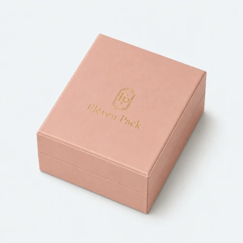 Custom Peach and Navy Cardboard Flip Top Necklace Box - closed product view