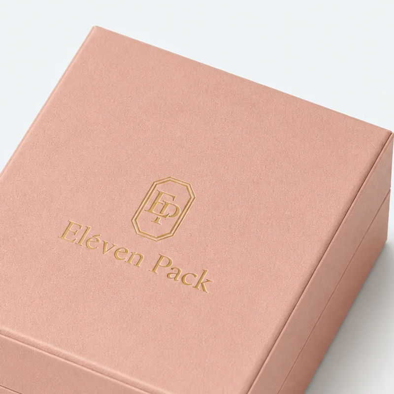 Custom Peach and Navy Cardboard Flip Top Necklace Box - logo finish detail