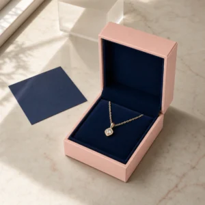 Custom Peach and Navy Cardboard Flip Top Necklace Box - jewelry presentation scene