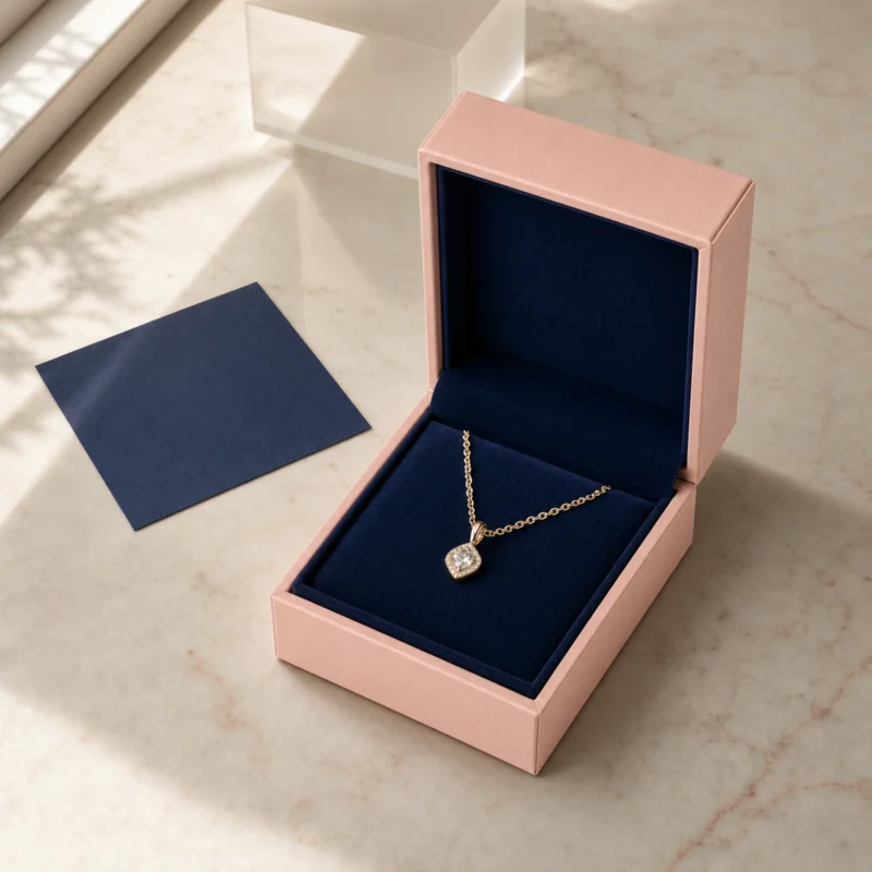 Custom Peach and Navy Cardboard Flip Top Necklace Box - jewelry presentation scene