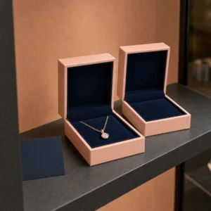 Custom Peach and Navy Cardboard Flip Top Necklace Box - coordinated packaging set