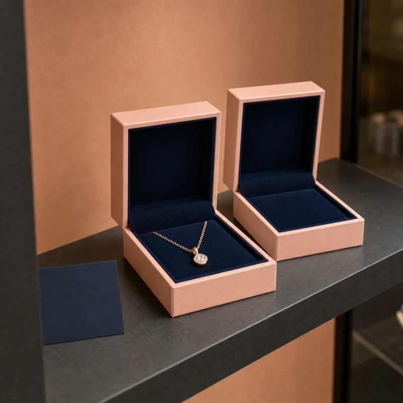 Custom Peach and Navy Cardboard Flip Top Necklace Box - coordinated packaging set