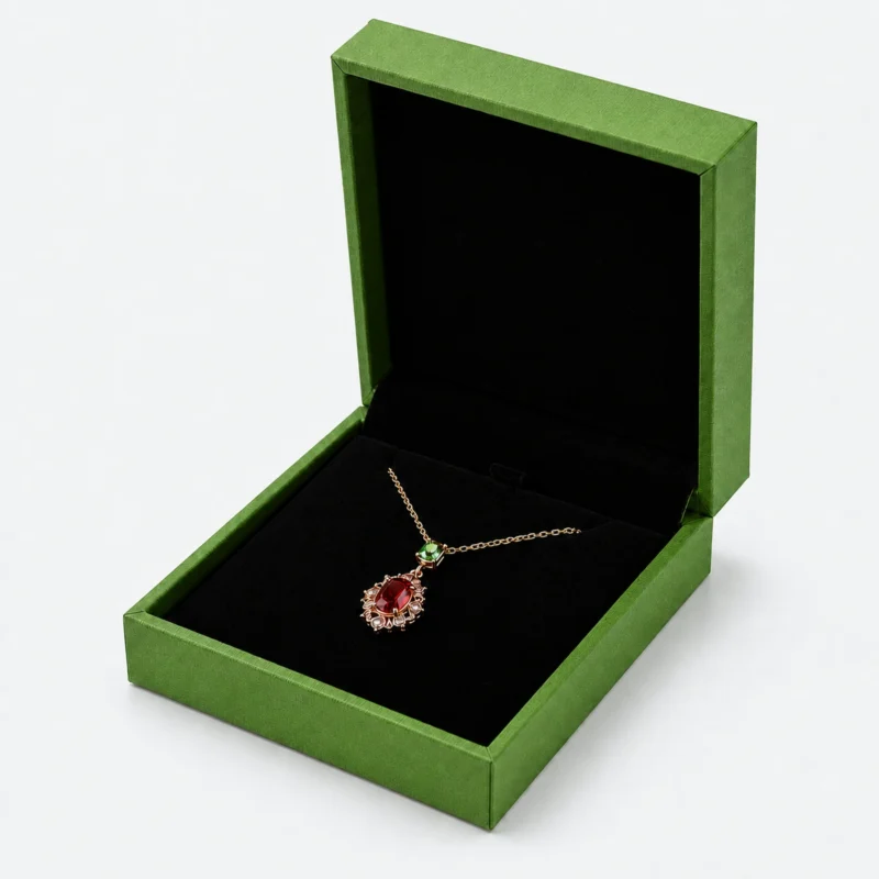Custom Green Paper Hinged Necklace Box - open product presentation