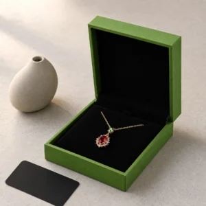 Custom Green Paper Hinged Necklace Box - jewelry presentation scene