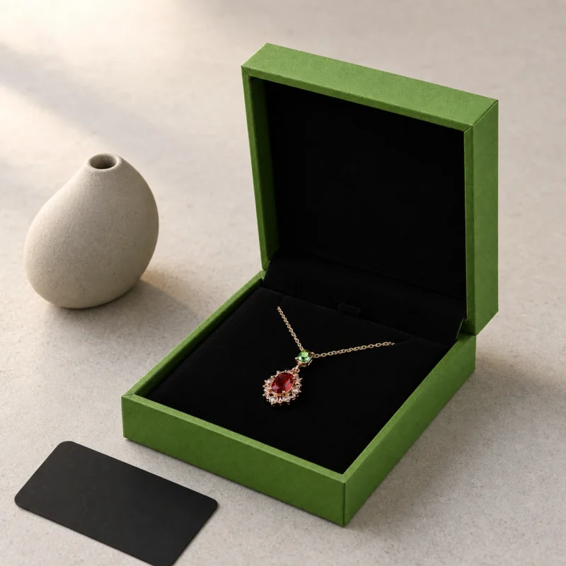 Custom Green Paper Hinged Necklace Box - jewelry presentation scene