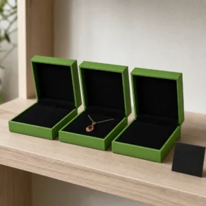 Custom Green Paper Hinged Necklace Box - coordinated packaging set