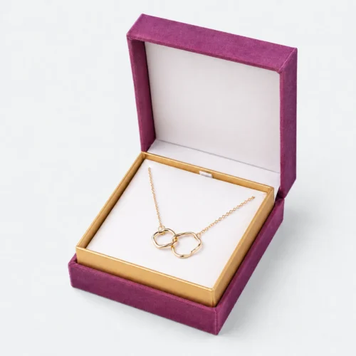 Custom Premium Magenta Cardboard Hinged Necklace Box - open product presentation Custom Premium Magenta Cardboard Hinged Necklace Box - open product presentation