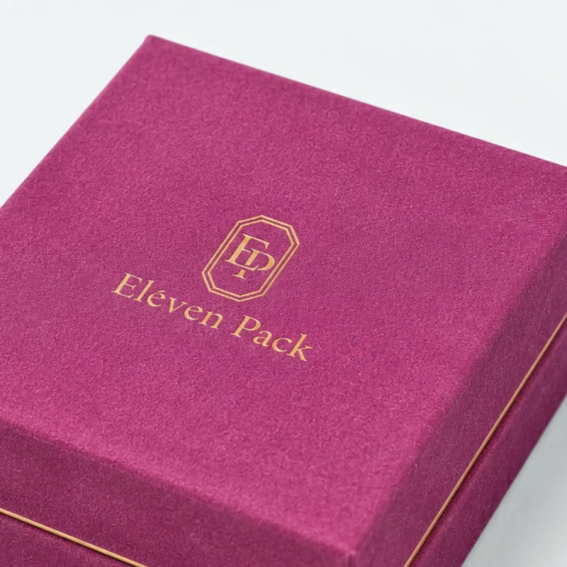 Custom Premium Magenta Cardboard Hinged Necklace Box - logo finish detail Custom Premium Magenta Cardboard Hinged Necklace Box - logo finish detail