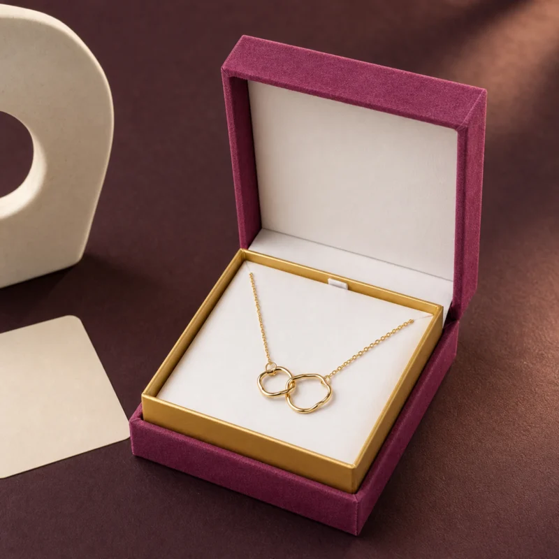 Custom Premium Magenta Cardboard Hinged Necklace Box - jewelry presentation scene Custom Premium Magenta Cardboard Hinged Necklace Box - jewelry presentation scene