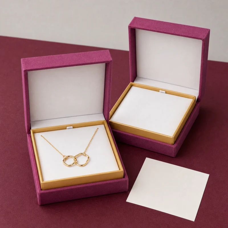 Custom Premium Magenta Cardboard Hinged Necklace Box - coordinated packaging set Custom Premium Magenta Cardboard Hinged Necklace Box - coordinated packaging set