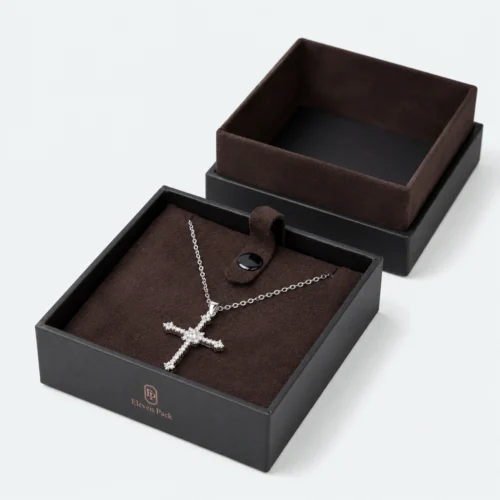 Custom Premium Brown Cardboard Lid and Base Necklace Box - open product presentation