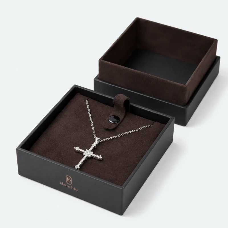Custom Premium Brown Cardboard Lid and Base Necklace Box - open product presentation