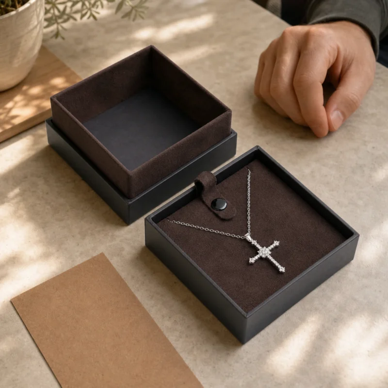 Custom Premium Brown Cardboard Lid and Base Necklace Box - jewelry presentation scene