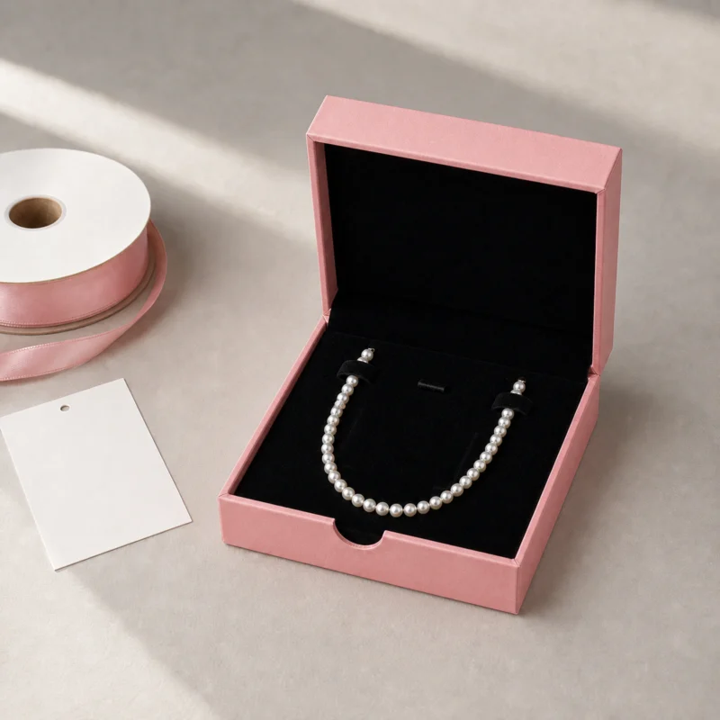 Custom Pink Cardboard Drawer Jewelry Box - jewelry presentation scene Custom Pink Cardboard Drawer Jewelry Box - jewelry presentation scene