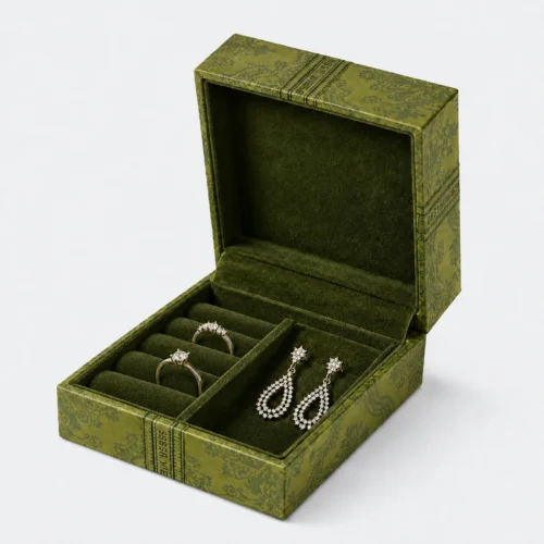 Custom Green Patterned Cardboard Hinged Jewelry Box - open product presentation