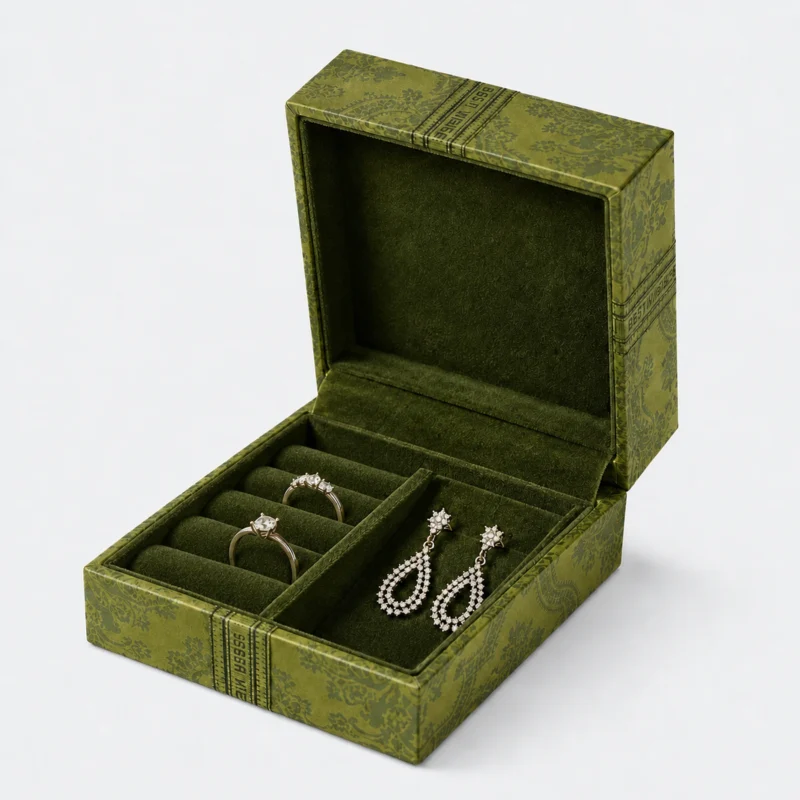 Custom Green Patterned Cardboard Hinged Jewelry Box - open product presentation Custom Green Patterned Cardboard Hinged Jewelry Box - open product presentation