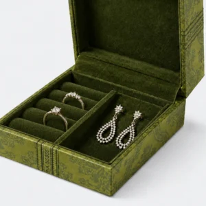 Custom Green Patterned Cardboard Hinged Jewelry Box - fitted jewelry insert detail Custom Green Patterned Cardboard Hinged Jewelry Box - fitted jewelry insert detail