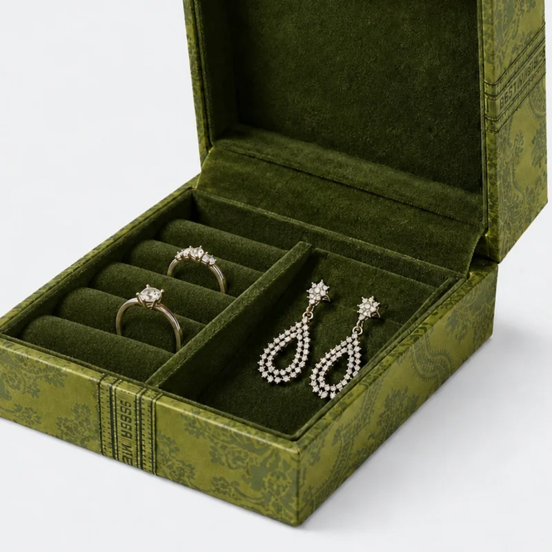 Custom Green Patterned Cardboard Hinged Jewelry Box - fitted jewelry insert detail Custom Green Patterned Cardboard Hinged Jewelry Box - fitted jewelry insert detail
