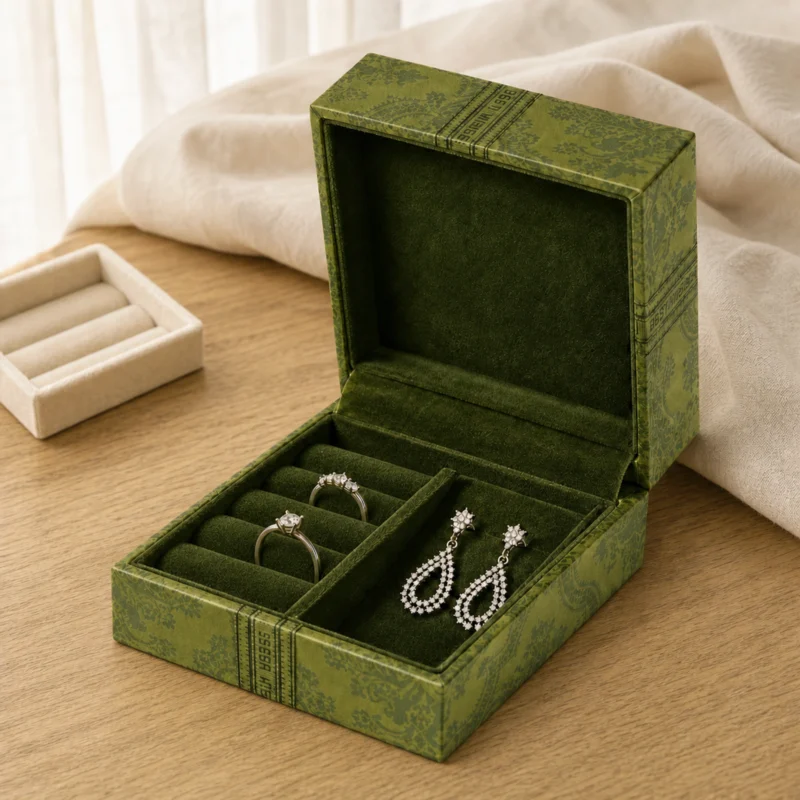 Custom Green Patterned Cardboard Hinged Jewelry Box - jewelry presentation scene Custom Green Patterned Cardboard Hinged Jewelry Box - jewelry presentation scene