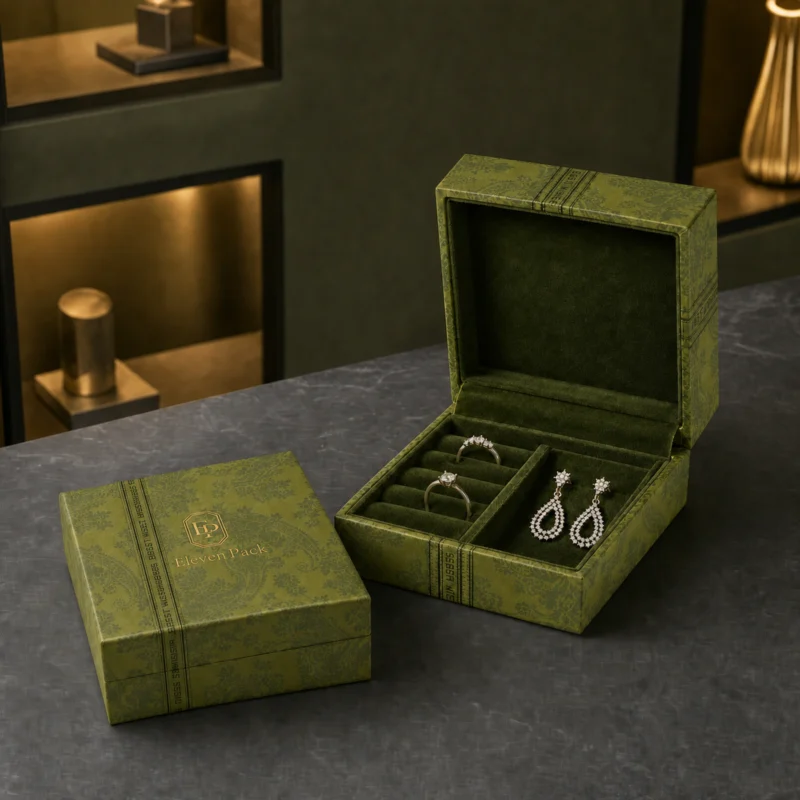 Custom Green Patterned Cardboard Hinged Jewelry Box - coordinated packaging set Custom Green Patterned Cardboard Hinged Jewelry Box - coordinated packaging set