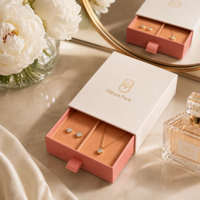 White and coral drawer jewelry box presented in a soft luxury vanity scene