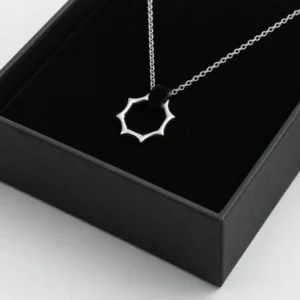 Close-up of black velvet necklace support and wrapped tray edge inside the box