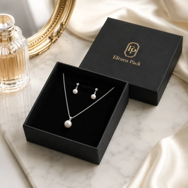 Black necklace box with pearl jewelry in a refined marble tabletop setting