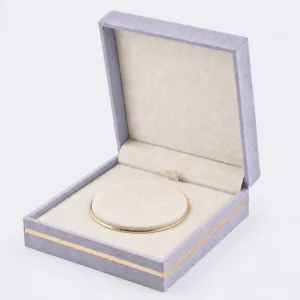 custom velvet fabric hinged jewelry box image 01 main open JB-BM-02-P4 Open lavender fabric jewelry box with cream lining and round bangle cushion