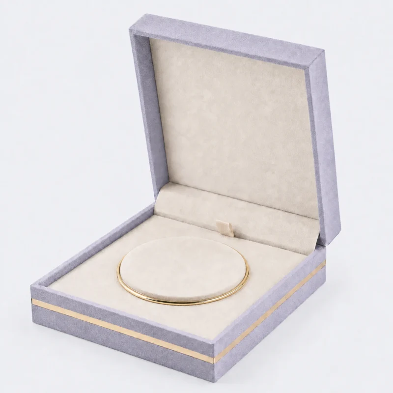 custom velvet fabric hinged jewelry box image 01 main open JB-BM-02-P4 Open lavender fabric jewelry box with cream lining and round bangle cushion