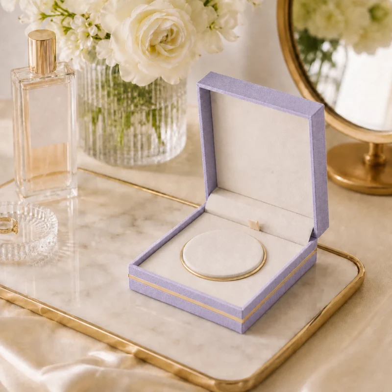 custom velvet fabric hinged jewelry box image 05 usage scene JB-BM-02-P4 Lavender bangle box with clean cream insert in a warm vanity tabletop setting