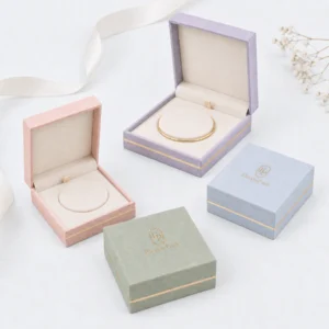 custom velvet fabric hinged jewelry box image 06 system scene JB-BM-02-P4 Pastel fabric jewelry box collection with matching round bangle cushions