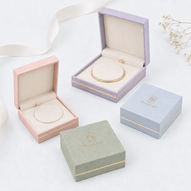 custom velvet fabric hinged jewelry box image 06 system scene JB-BM-02-P4 Pastel fabric jewelry box collection with matching round bangle cushions