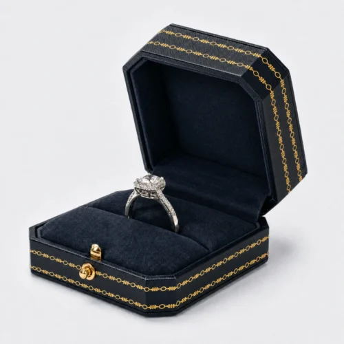 Open dark blue leather ring box with navy velvet rolls, gold clasp and unified trim