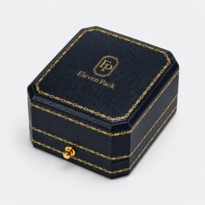 Closed dark blue leather ring box with five matching gold decorative trim routes