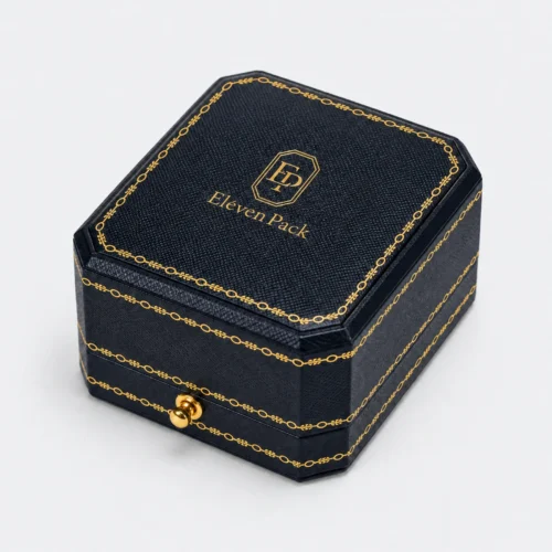 Closed dark blue leather ring box with five matching gold decorative trim routes