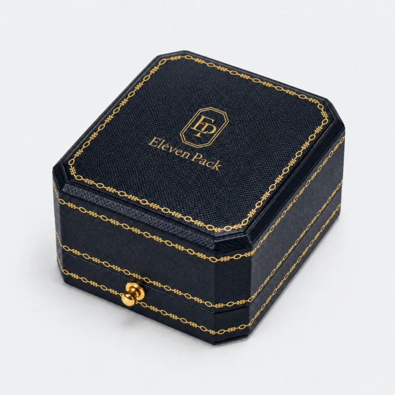 Closed dark blue leather ring box with five matching gold decorative trim routes