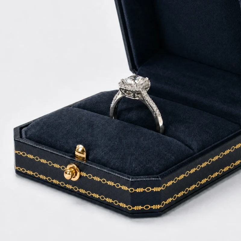 Close-up of ring seating, navy velvet rolls, gold clasp and matching trim