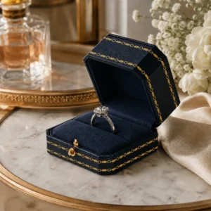 Dark blue leather ring box with matching gold chain-loop trim in a marble scene
