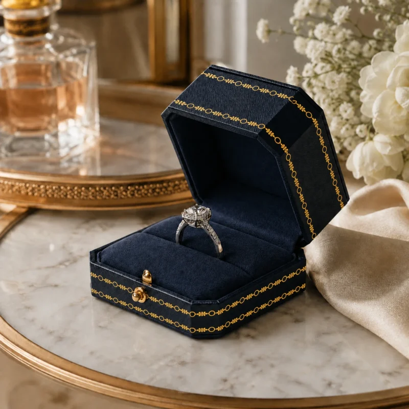 Dark blue leather ring box with matching gold chain-loop trim in a marble scene